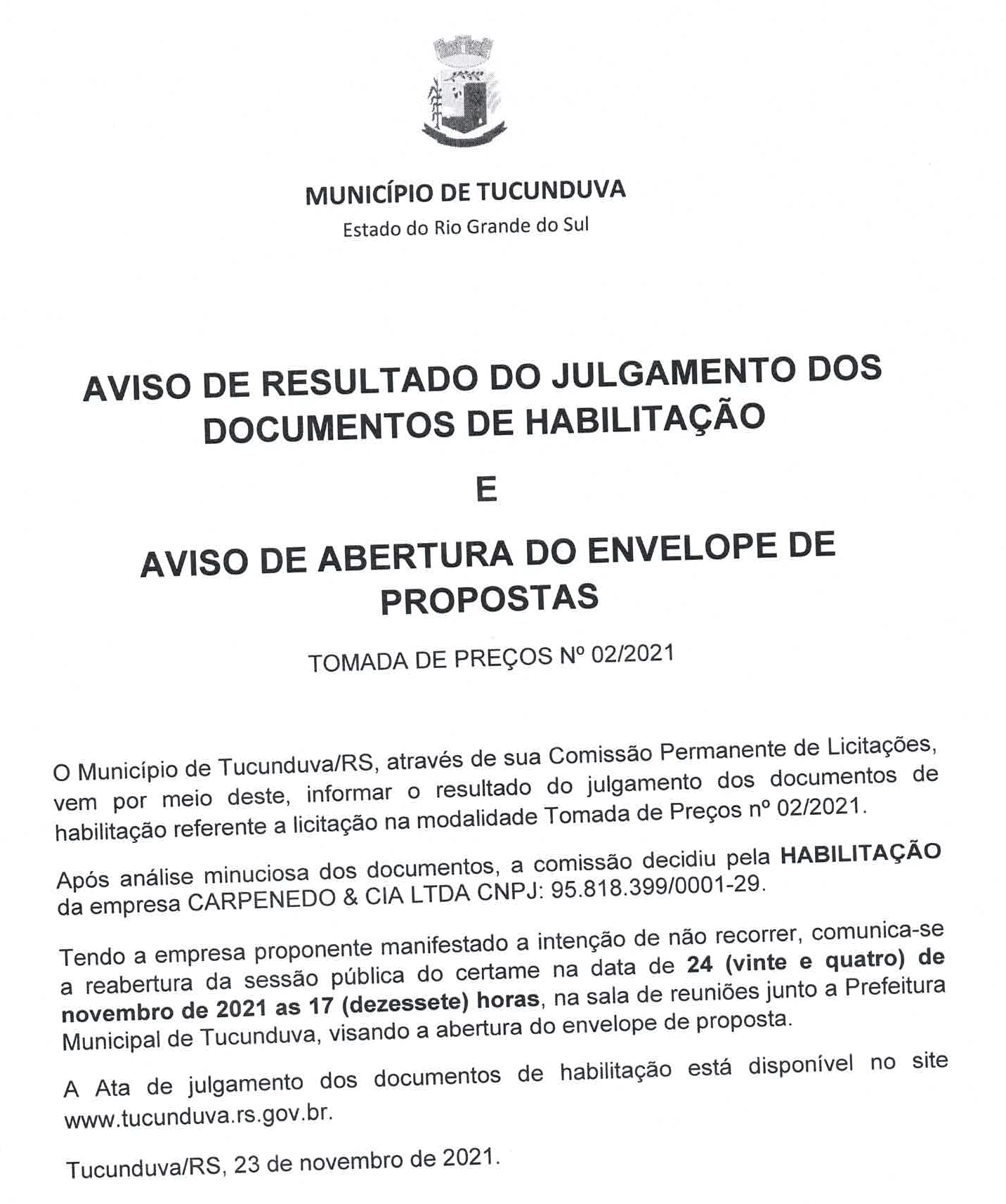 AVISO DE RESULTADO E AVISO DE ABERTURA DE PROPOSTA TMP 02_2021